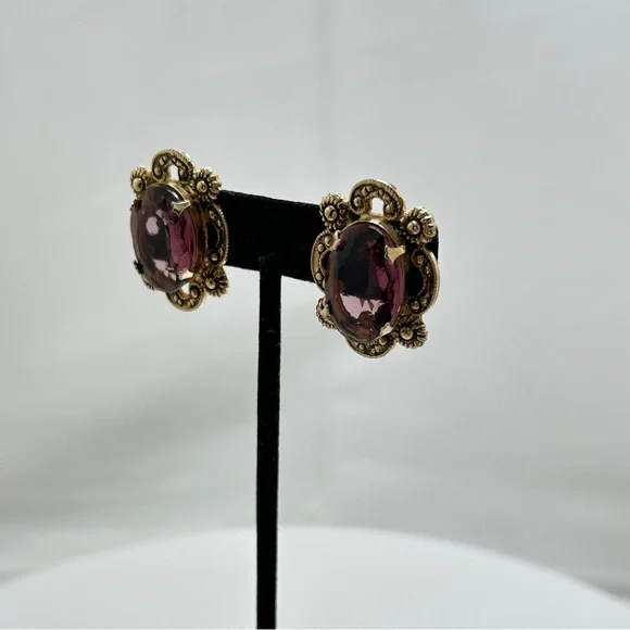Marino, Vintage Gold And Purple Glass Cabochon Earrings, Clips, Marino 1932-1978 - Picture 5 of 8